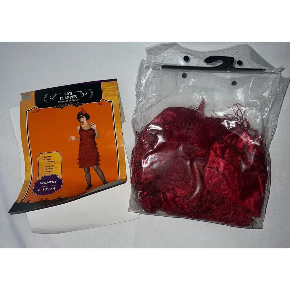 Flapper Halloween Costume Womens Large 12 14 Roaring 20s Red Dress Headpiece